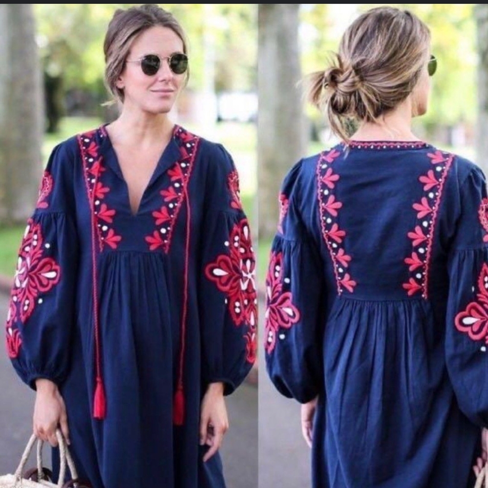 Boho Style Zara look alike embroidered sleeves midi dress.